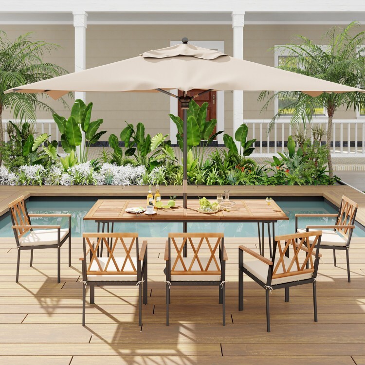 86.5'' Backyard Rectangular Dining Table w/ Acacia Wood Tabletop & Umbrella Hole