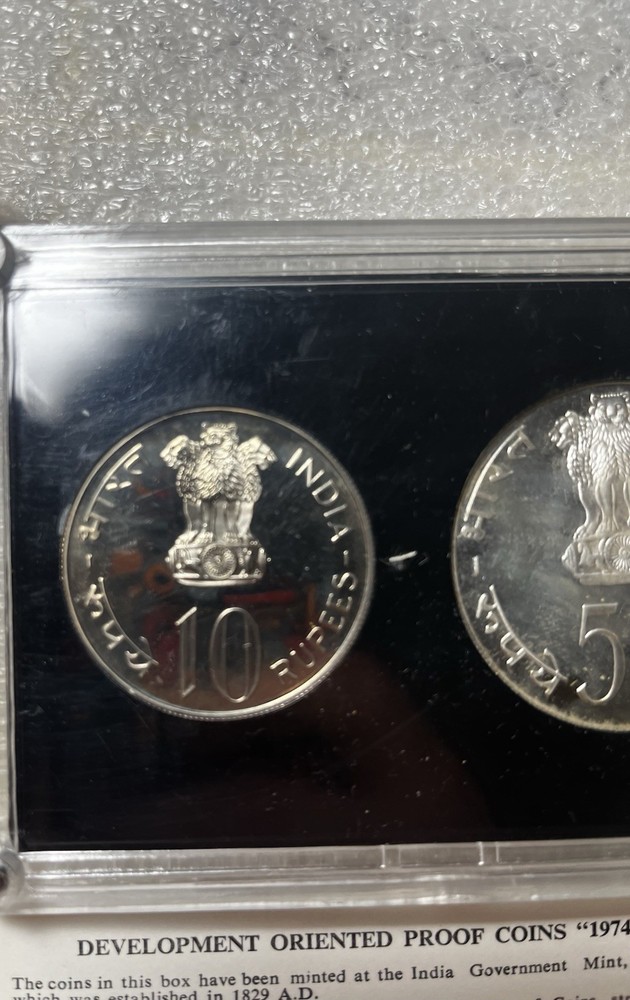 1974 India Development Oriented Proof Silver 2 Pc 50 & 10 Rupee Coins Set +Box