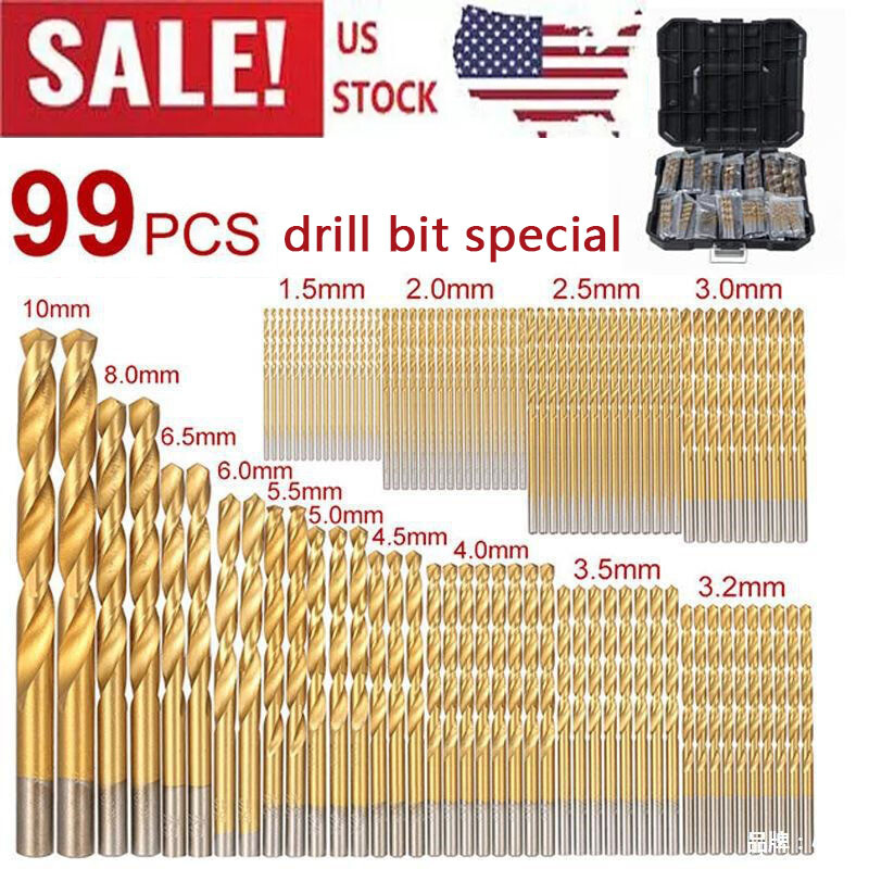 99PCS Drill Bit Set 1/16"-3/8" HSS Titanium Multi Drill Bits Twist Metal Tools