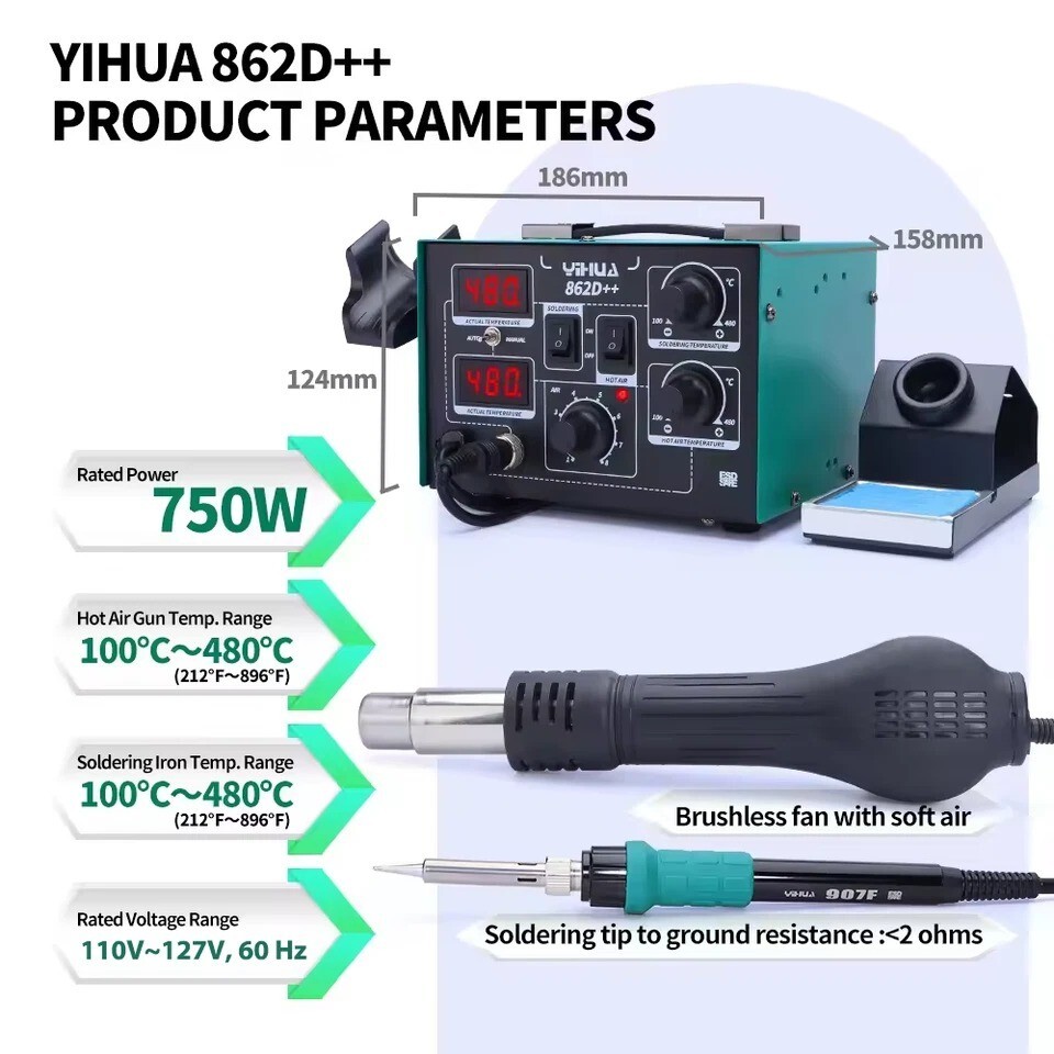 YIHUA 862D++ 750W Hot Air Rework Station Soldering Iron Station Kit Digital SMD
