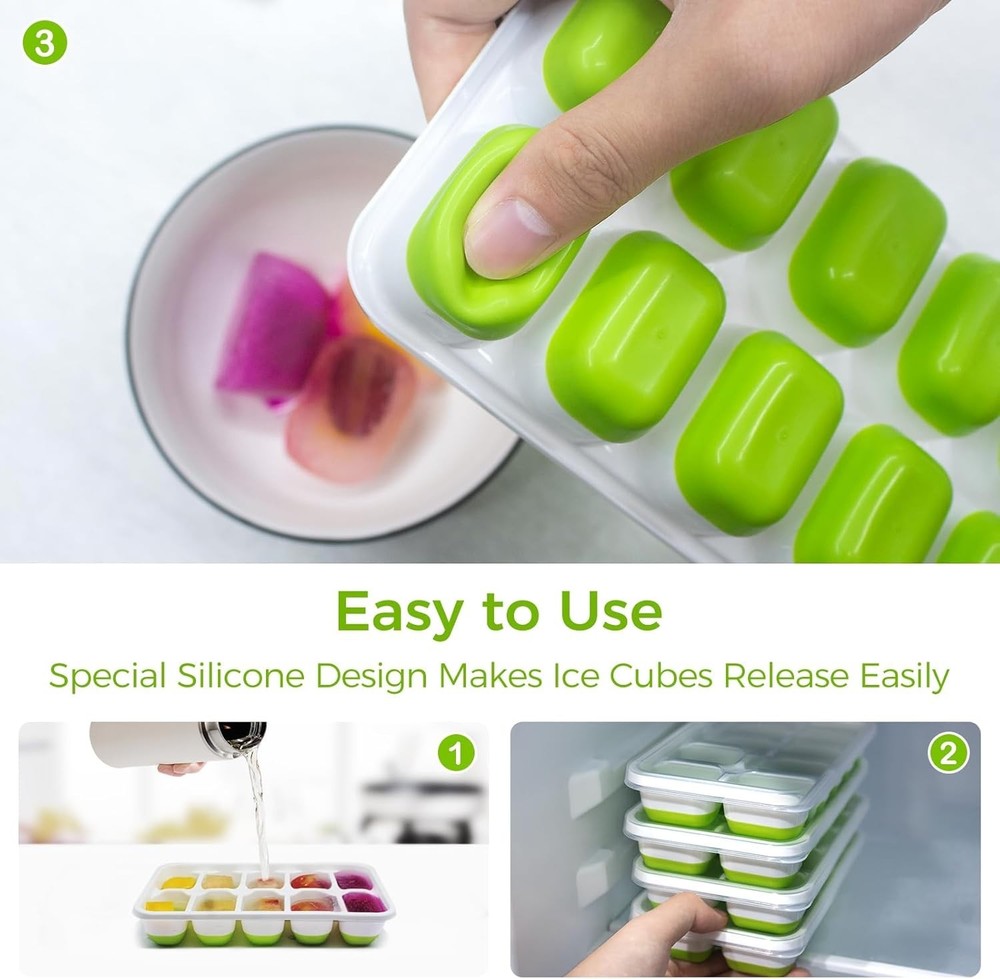 4-Pack Stackable Silicone Ice Cube Trays with Lids - BPA Free & Dishwasher Safe