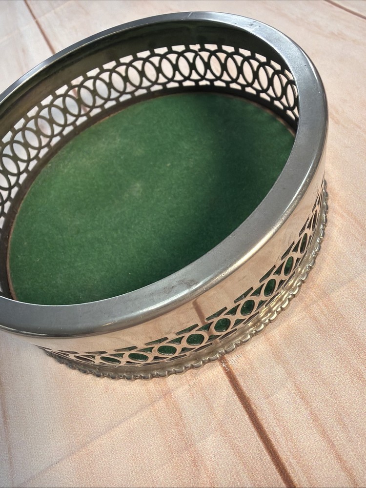 vintage silver tone wine coaster with felt bottom