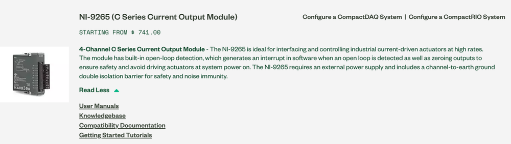National Instruments NI 9265 cDAQ Analog Current Output Module.