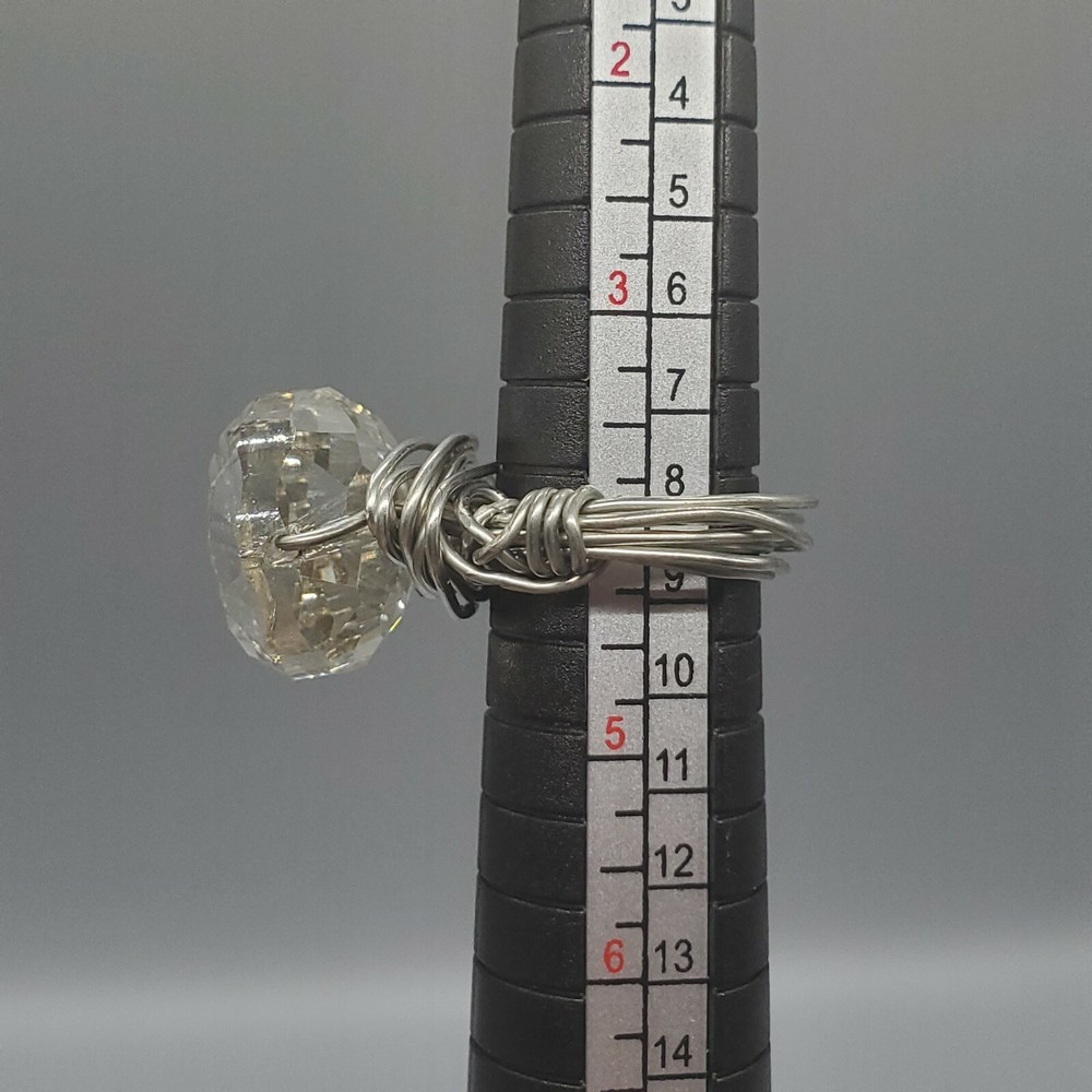 Wire Wrapped Rhinestone Ring Size 4 Silver Tone Handmade Clear Rough Cut