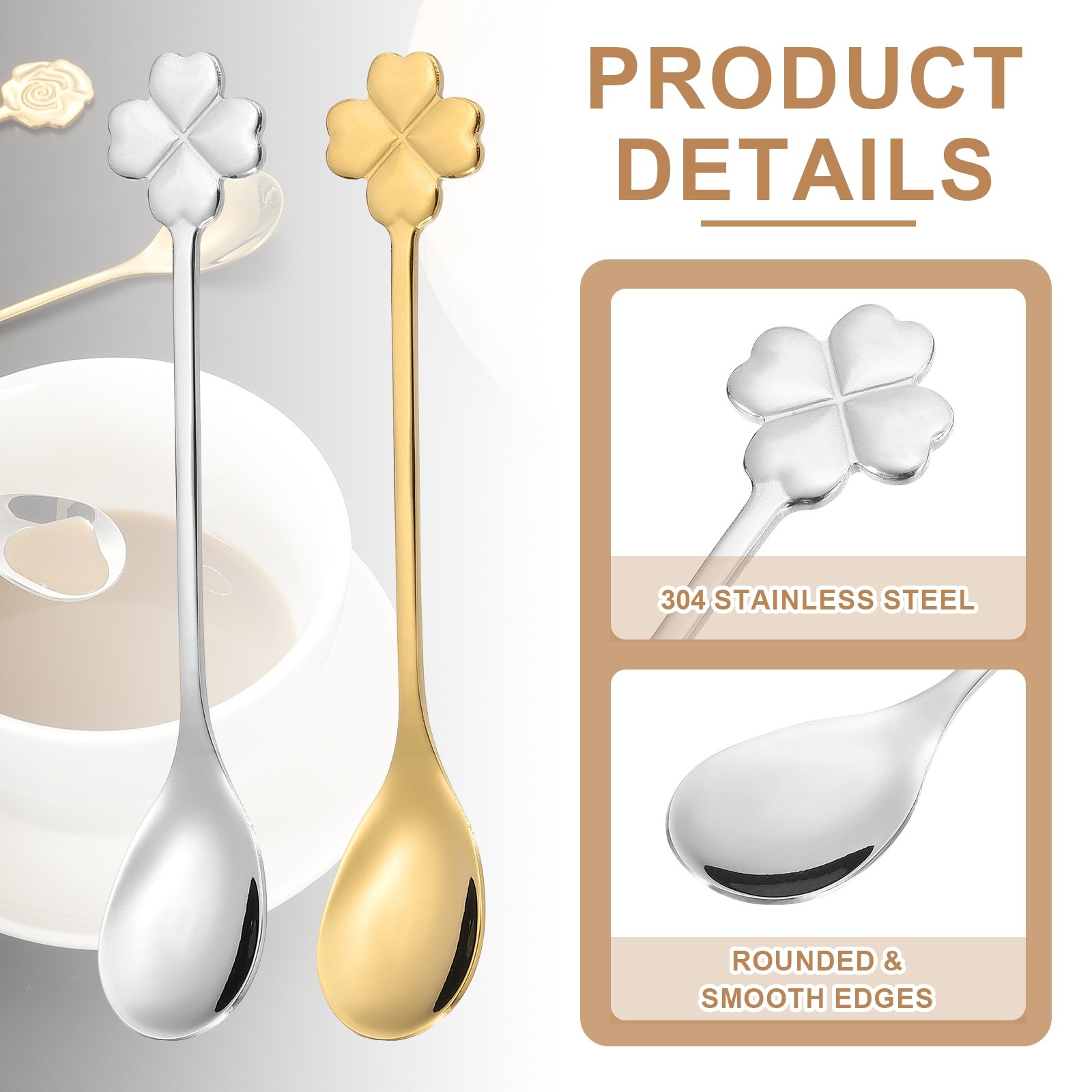 6pcs Coffee Spoons, Four Leaf Grass Tea Spoons Stainless Steel, Silver