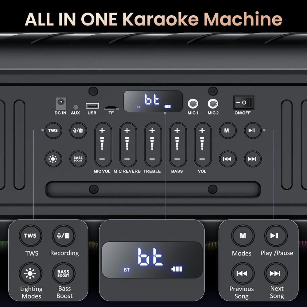 Karaoke Machine with Two Wireless Microphones, Portable Bluetooth Speaker with T