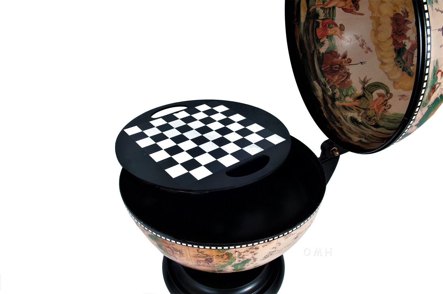 Chess Board Set w/ Pieces Hidden in Table Top Nautical Old World Wood 13" Globe