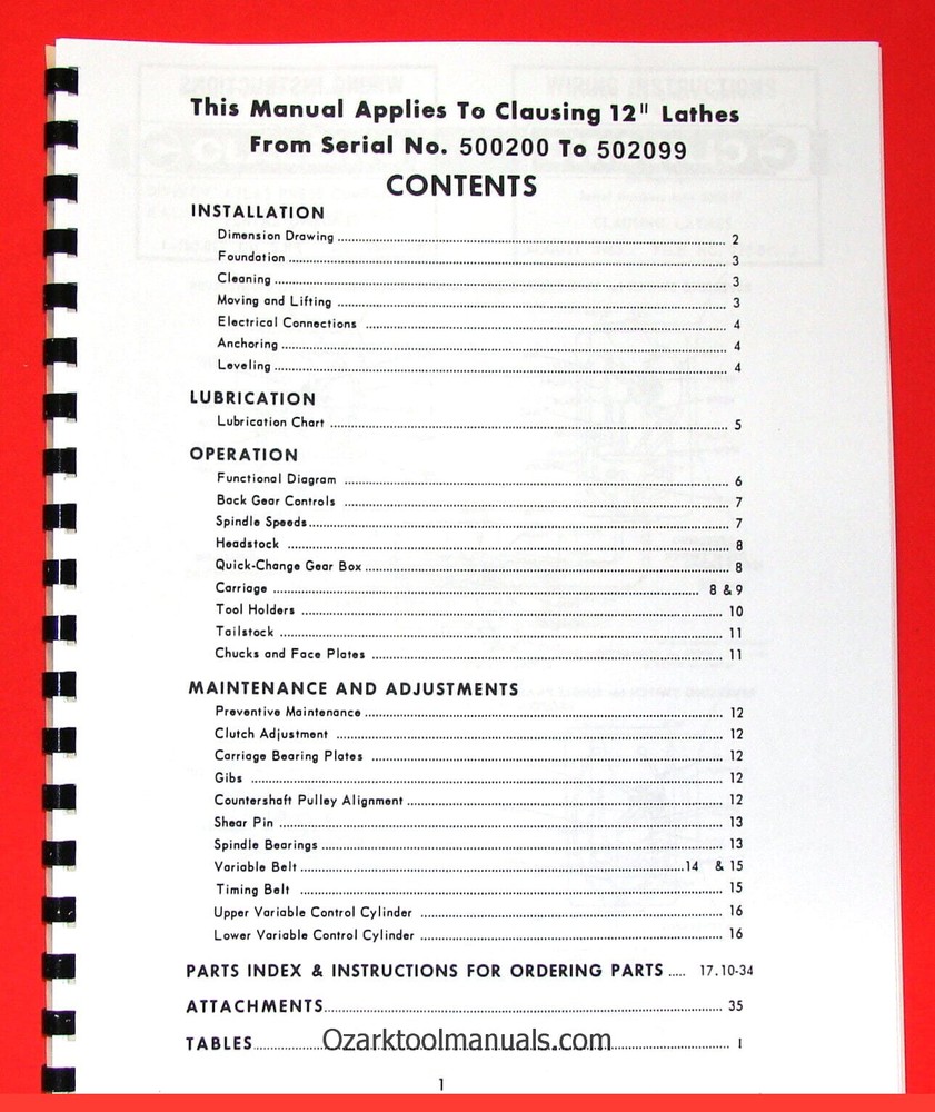 CLAUSING 12" 5900 Series Variable SPD Lathe Operator & Part Manual =502099 1065