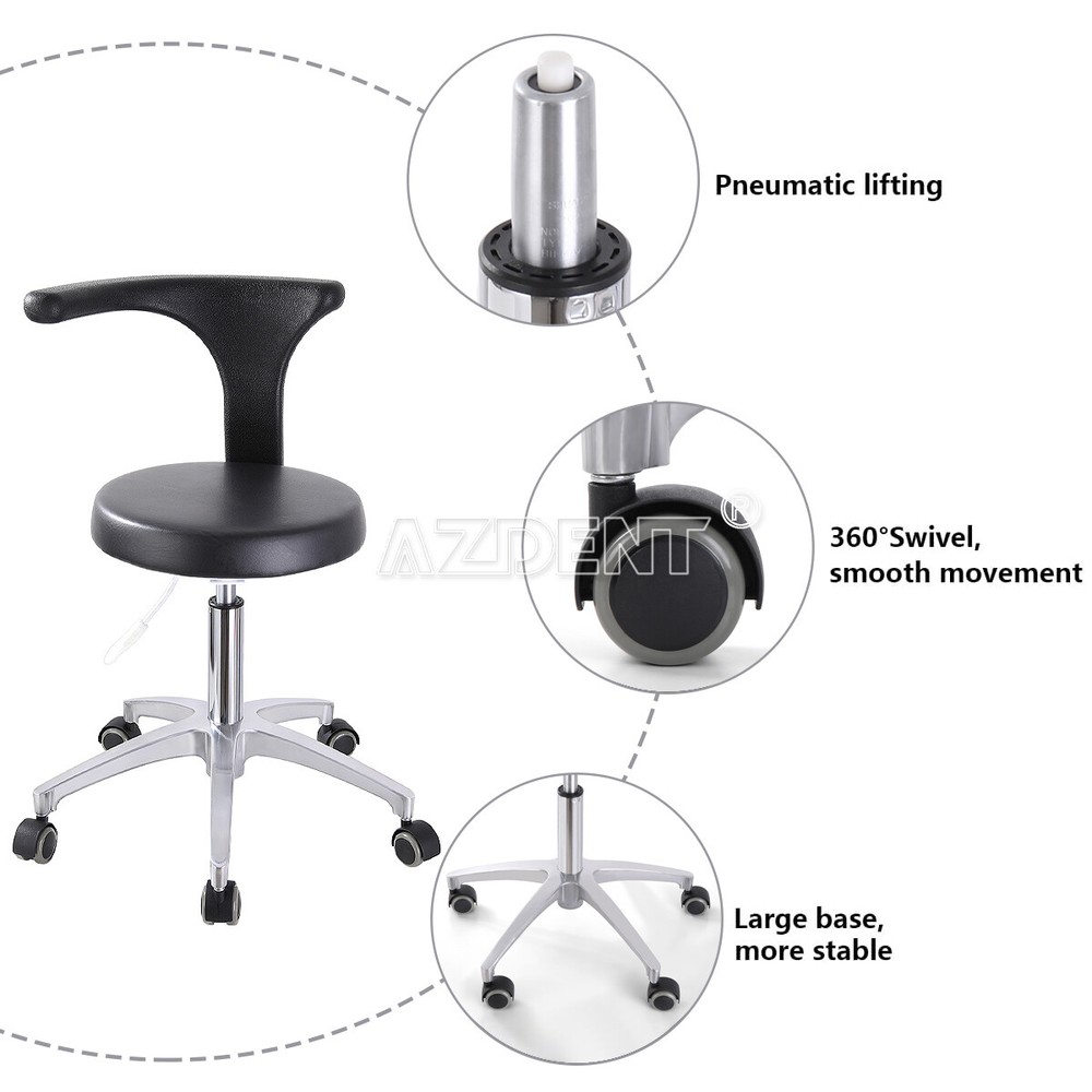 Dental Assistant Mobile Rolling Stool Adjustable Height Back Support PU Leather