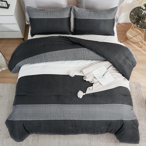 Comforter Set, Lightweight Colorblock Stripes Bedding Comforter Full Black