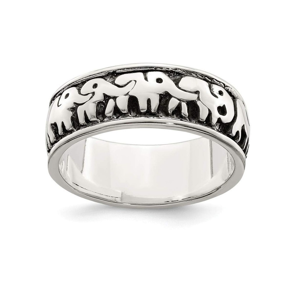 Solid Sterling Silver Polished And Antiqued Elephants Ring 6