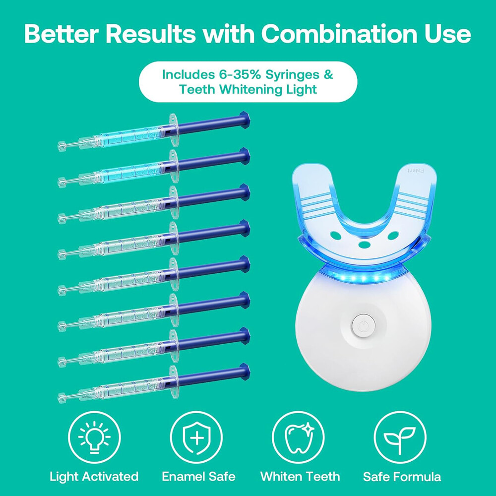 Teeth Whitening Kit 6 Cleaning Gel + 2 Blue gel + Led Light Dental Trays teeth