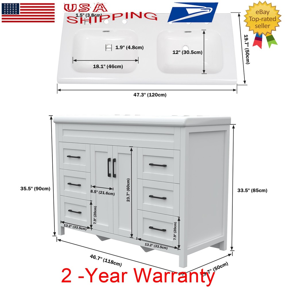 47" Solid Freestanding Bathroom Vanity Unit Sink Combo Storage Cabinet Drawers