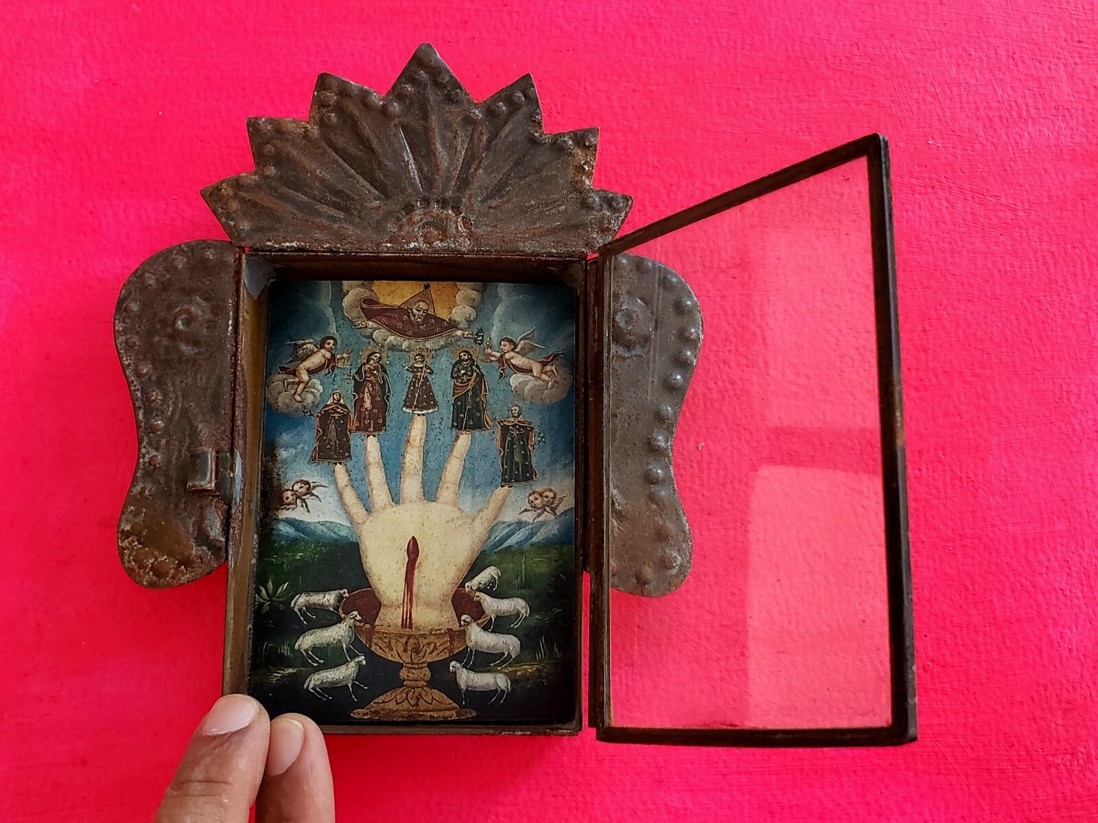 mexican nicho mano poderosa folk art wall hanign sacred art colonial art shrine