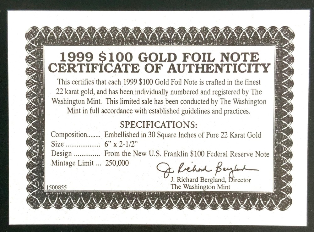 The Washington Mint $100 Gold Foil Note