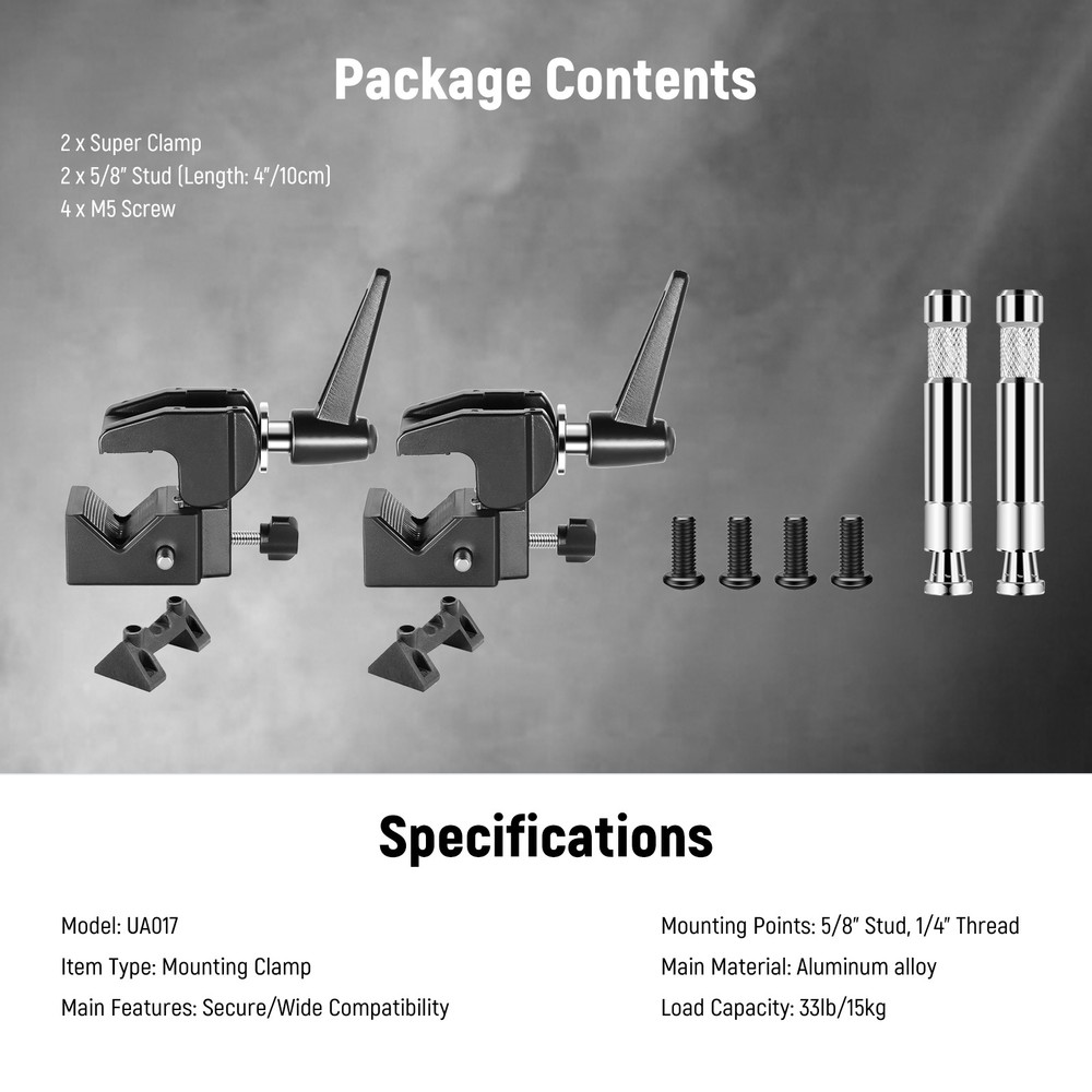 NEEWER UA017D 2-Pack Super Clamp - 5/8" Stud, 33lb Load