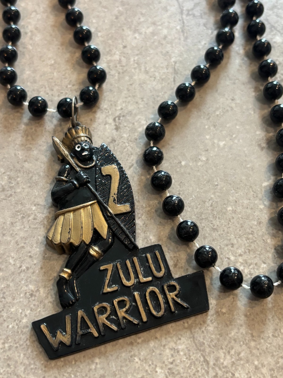 Vintage Zulu Warrior Beads Necklace, Mardi Gras New Orleans Black/Gold Pendant