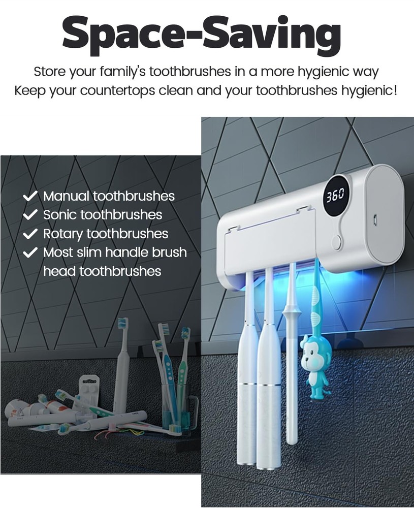 Toothbrush Holder, 4 Toothbrush Slots & Timer Function, Cordless Wall Mounted...