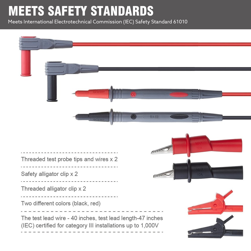Durable Multimeter Lead Kit with Threaded Alligator Clips - IEC Certified