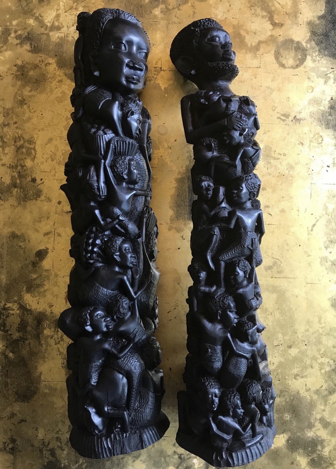 Antique Pair of EBONY MALE & FEMALE MAKONDE . “Tree of Life” STATUES . 24"+ TALL