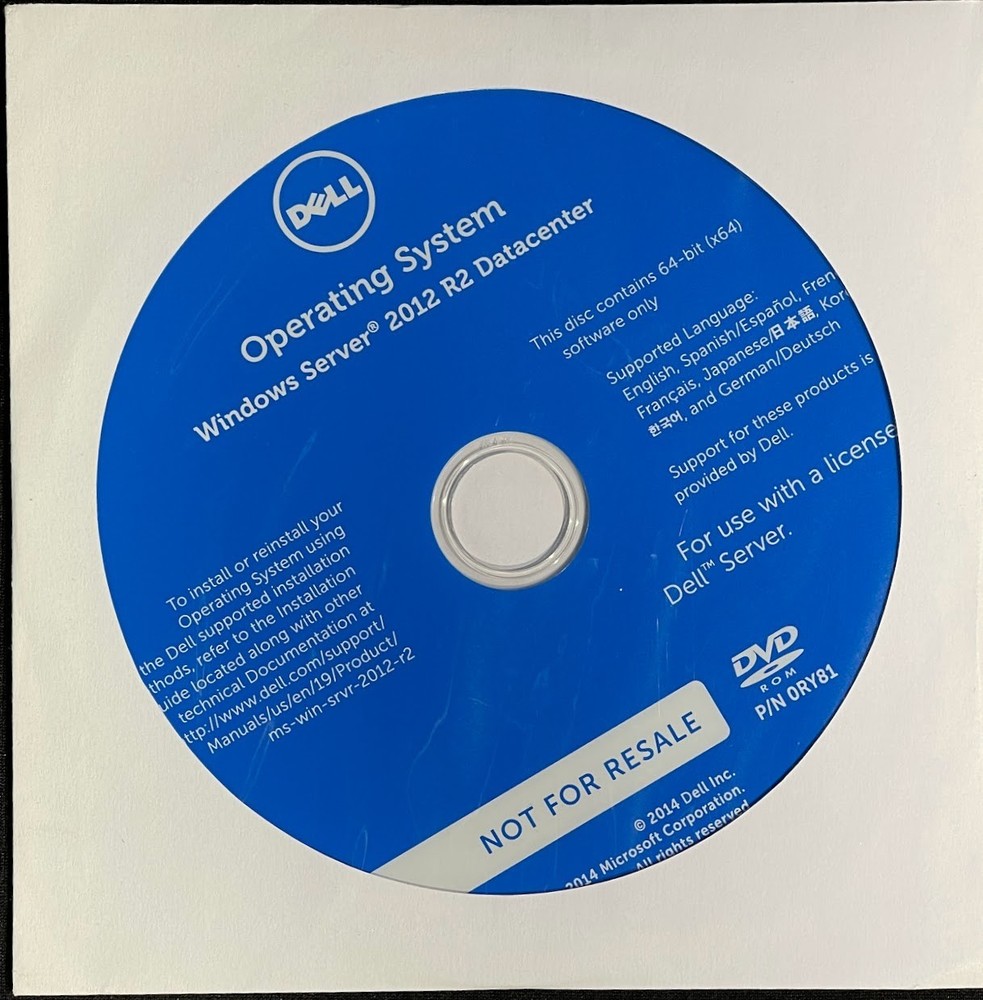 Dell / Microsoft Windows Server 2012 R2 Datacenter DVD Install Media / D1FCH