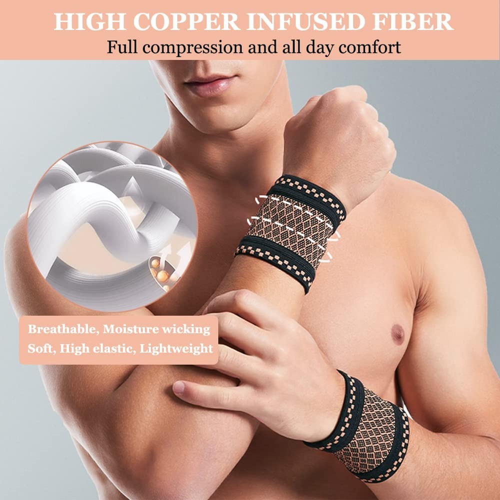 Copper Wrist Compression Brace (2Pcs), Elastic Support Sleeve Medium