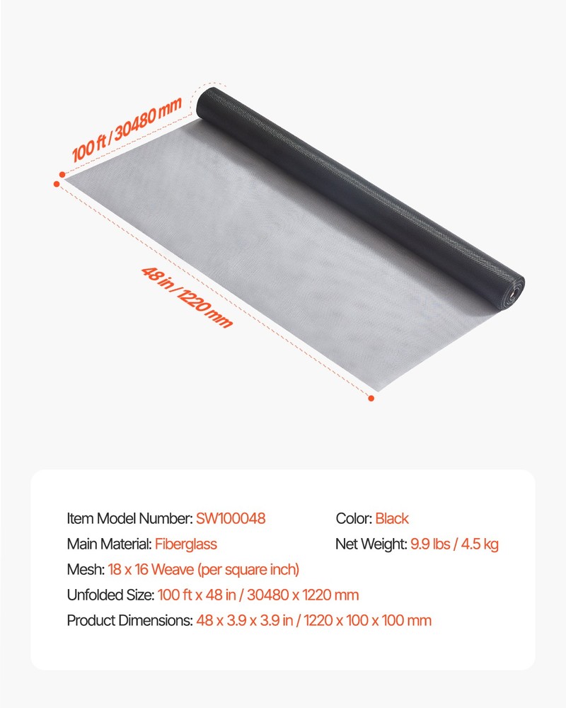 VEVOR Window Screen Replacement 100 ft × 48 in Window Screen Mesh DIY Adjustable
