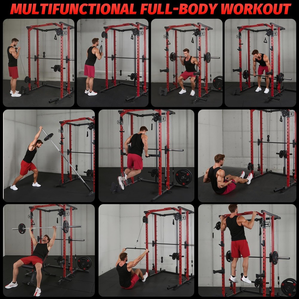 Smith Machine Power Cage Rack with Pulley System Multifunctional Workout Machine