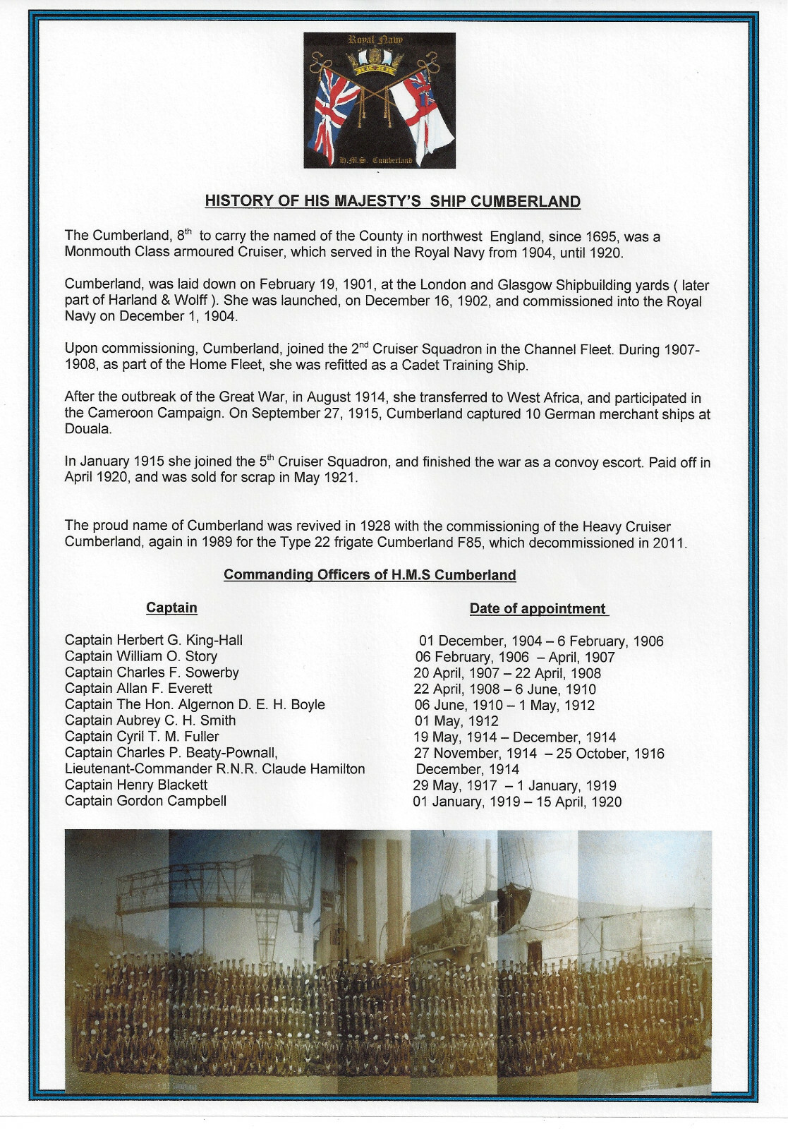 ROYAL NAVY CRUISER HMS CUMBERLAND 1902 WITH STATS AND HISTORY SHEET