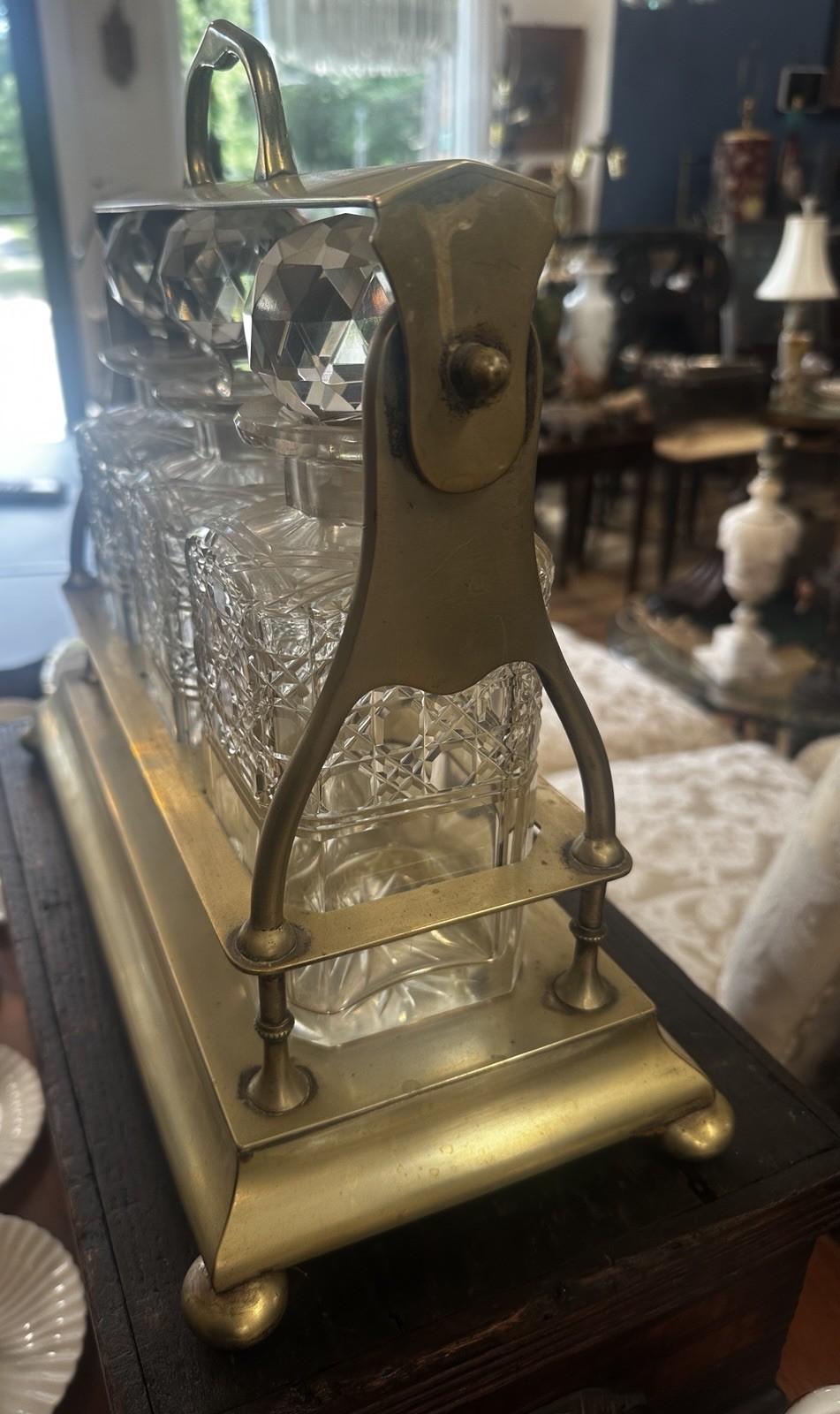 Antique English Silver Plated Tantalus Three Bottle Decanter Liquor Set Locking