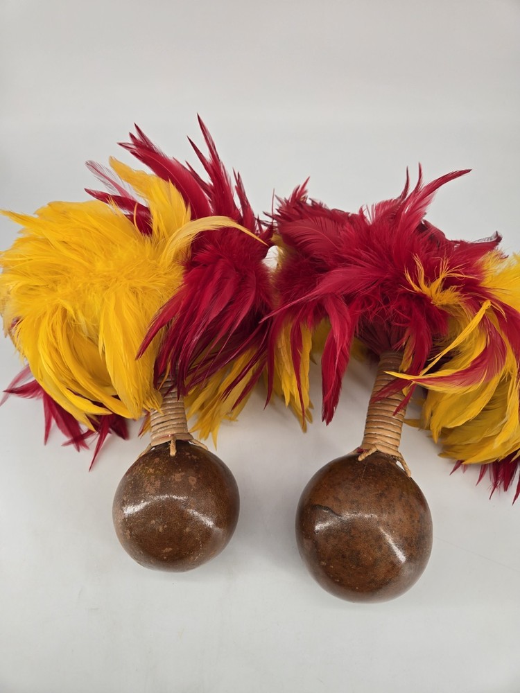 2 Hawaiian Large Uli Uli Rhythm Polynesian Instruments Red Yellow Feathers