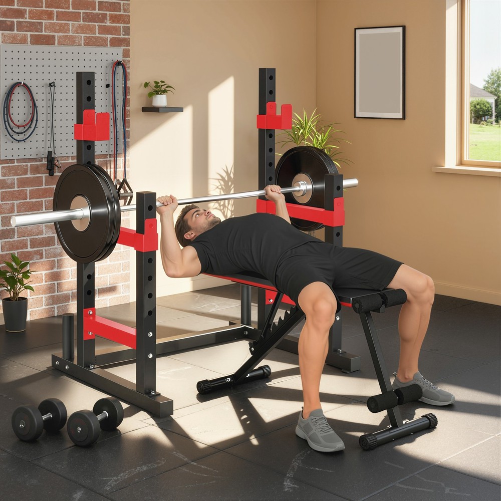 Adjustable Squat Rack, 660lbs Multi-Functional Bench Press Rack, Red