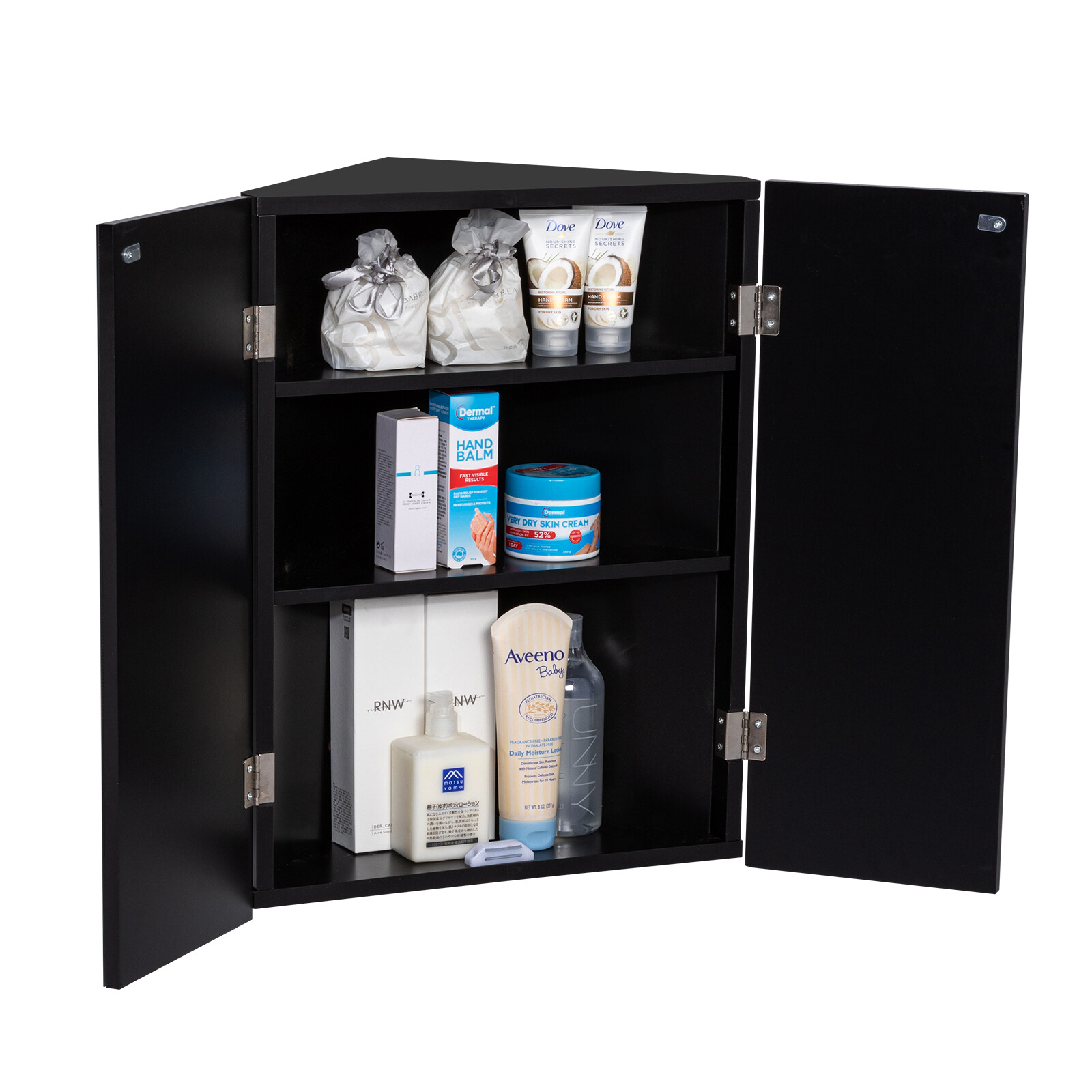 Corner Medicine Cabinet Bathroom Glass Mirrored Double Door Storage Wall Mount