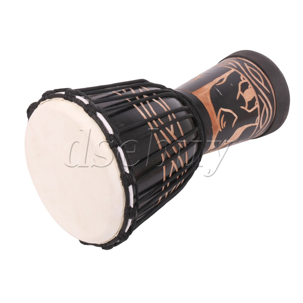 African Djembe Drum Standard 8" Diameter Hand-Carved Black Elephant Pattern