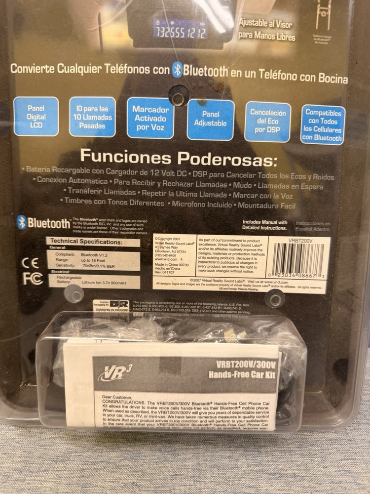 VR3 Virtual Reality Sound Labs Bluetooth VRBT200V Hands-Free Car Kit Wireless