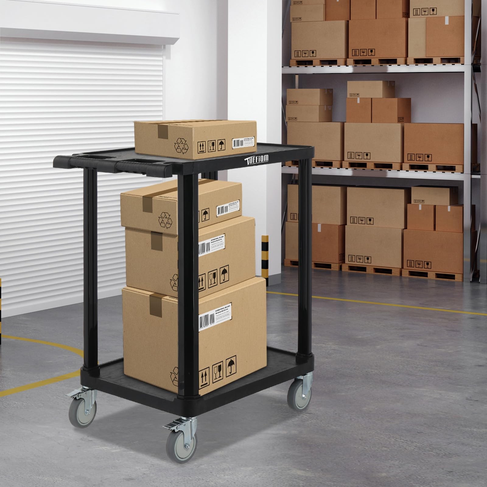 3-Tier Plastic Service Utility Cart, Rolling Flat Cart with Wheels,Black