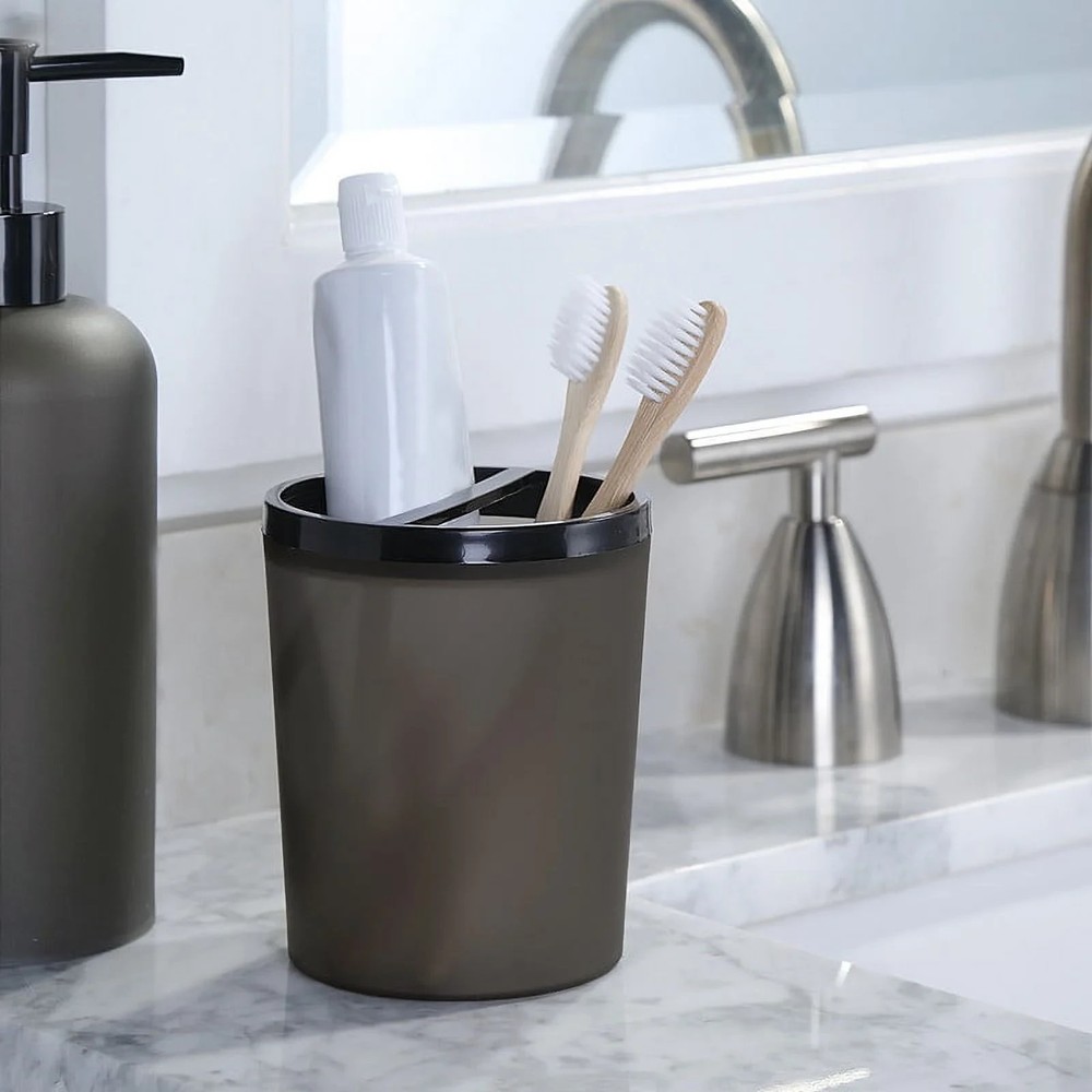 Frosted Black Plastic Toothbrush Holder Bathroom Counter Organizer Durable