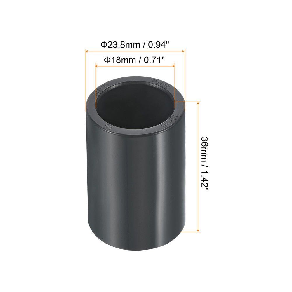 UPVC Pipe Fitting 18mm 0.71" Socket, 4pcs Straight Joints, Dark Grey