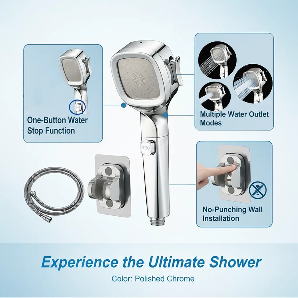 4 Spray Settings High Pressure Handheld Shower Head Pause Button With Hose