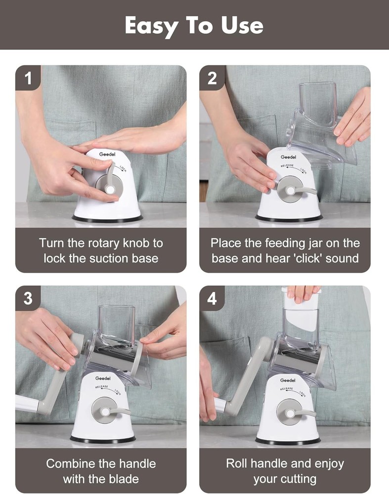 Rotating cheese grater with 5 interchangeable blades—