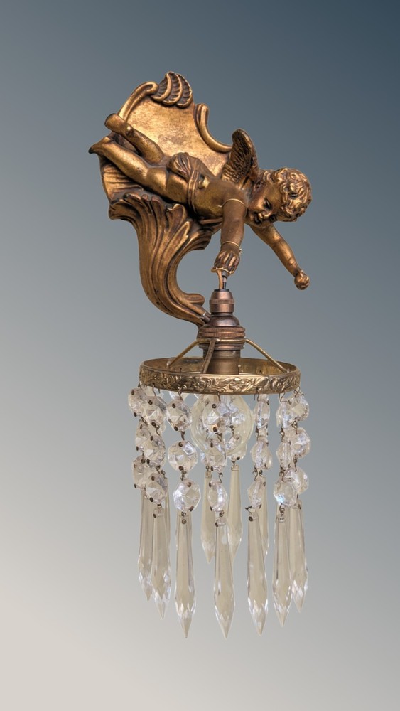 Pretty Pair Gilt Cherub Wall Lights Crystal Drops