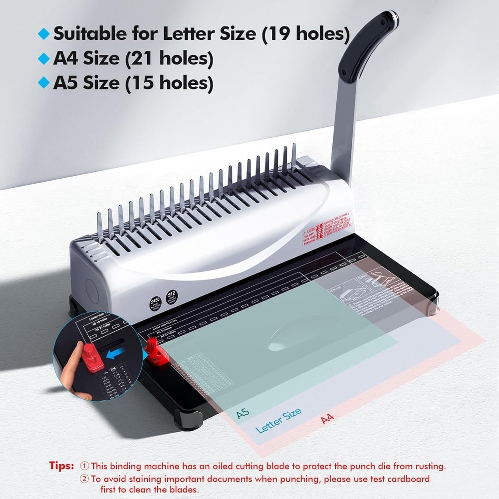 Heavy-Duty Comb Binding Machine for A4, A5, Letter Size - 450 Sheet Capacity