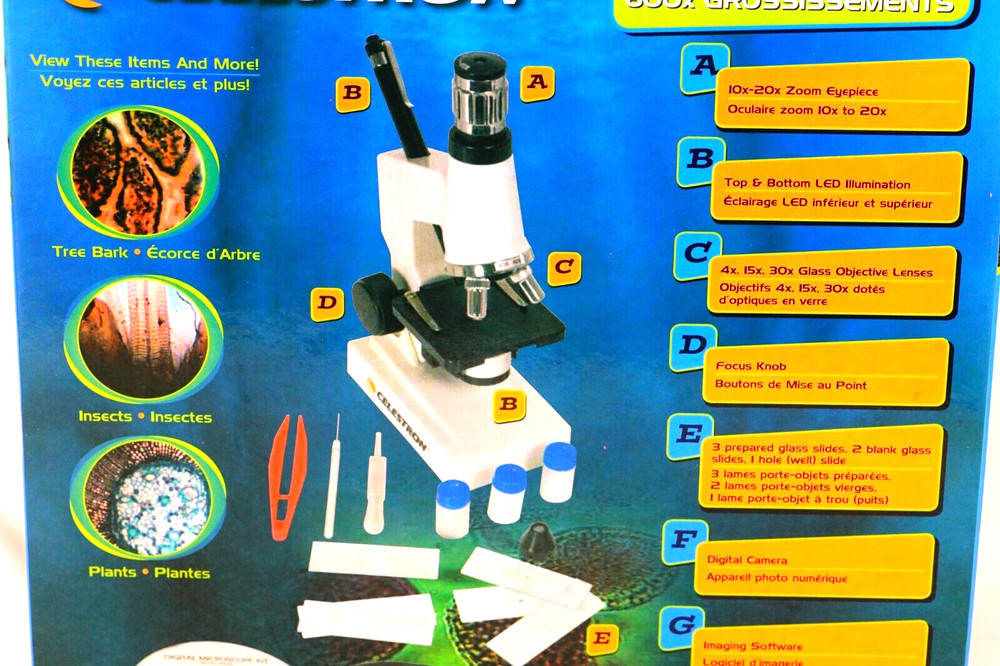 CELESTRON Digital Microscope Kit #44320 Beginners Microscope 40X-600X Open Box