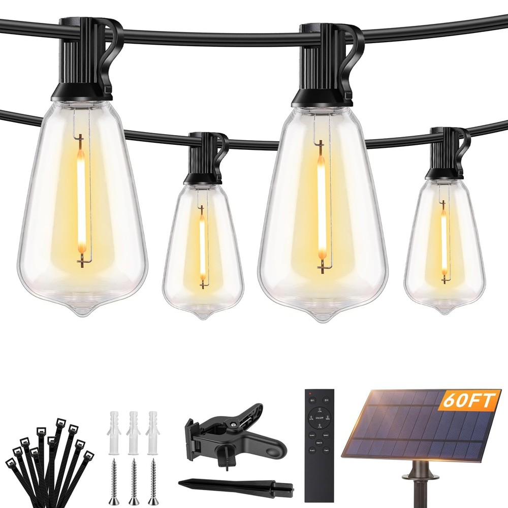 60FT Solar String Lights Outdoor Waterproof, Remote Control, 26 Shatterproof LED