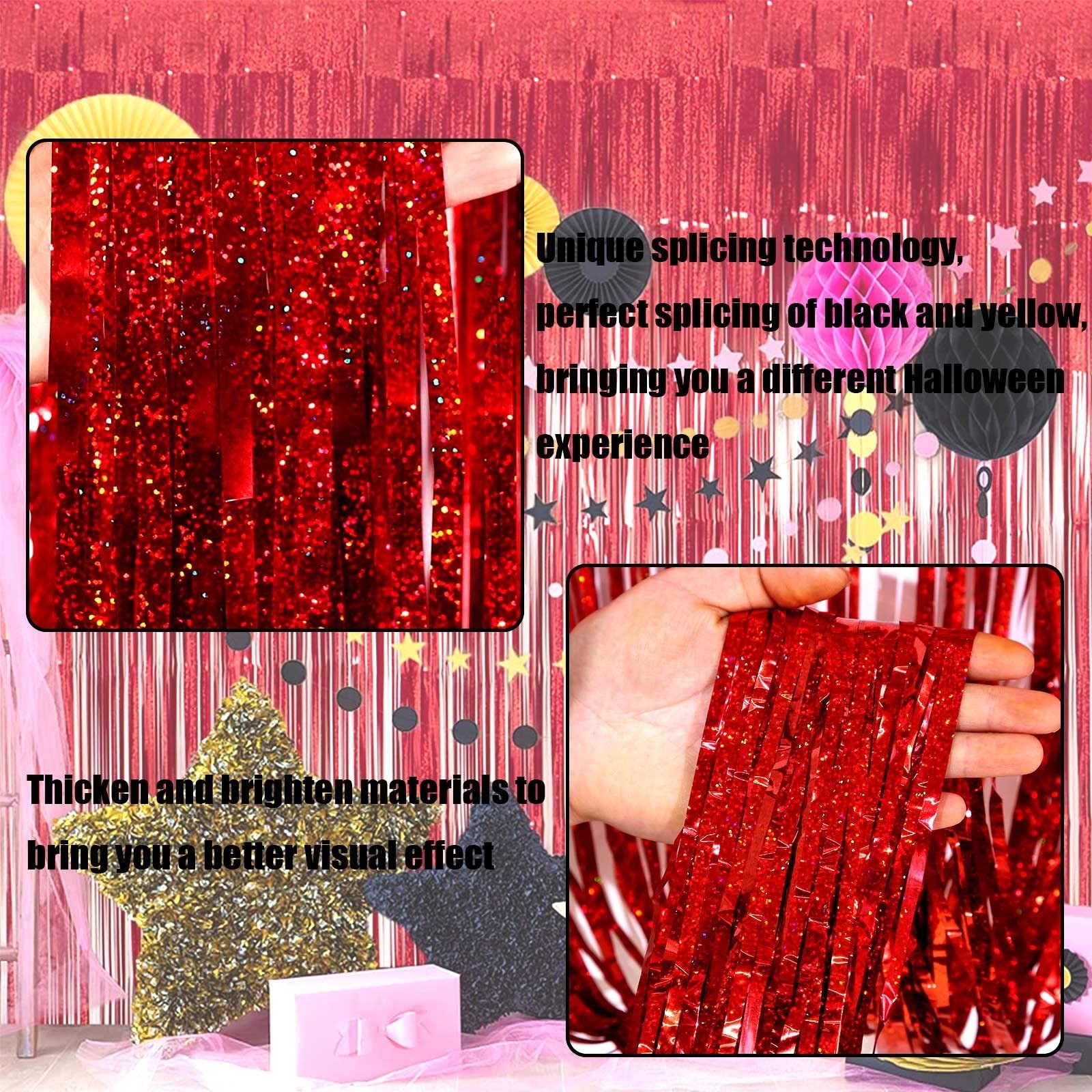 4 Pack Red Tinsel Foil Fringe Curtain Backdrop, 3.28Ft x 8.2Ft Metallic Strea...