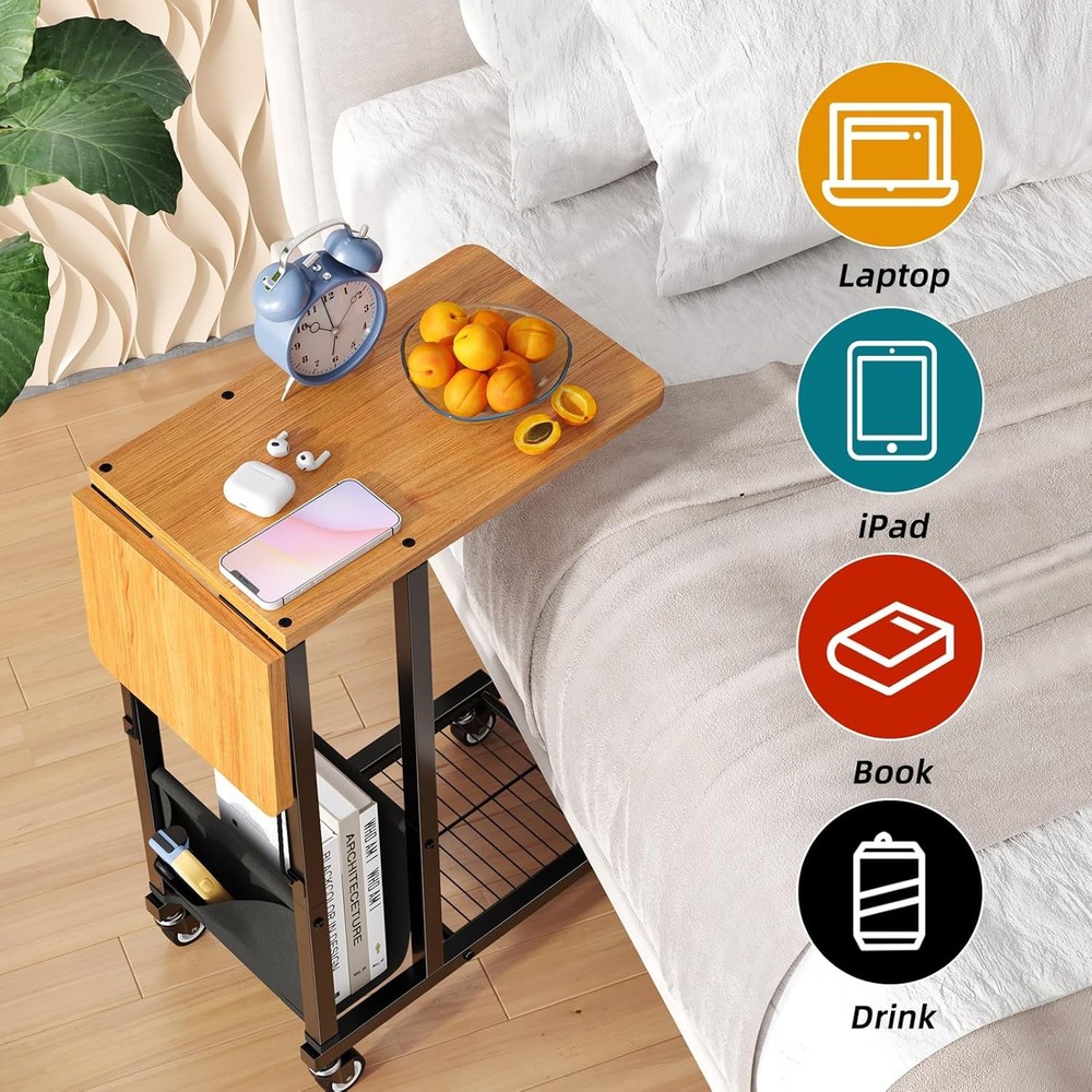 C Shaped End Table Folding TV Tray Couch Side Table Sofa on Wheels Black