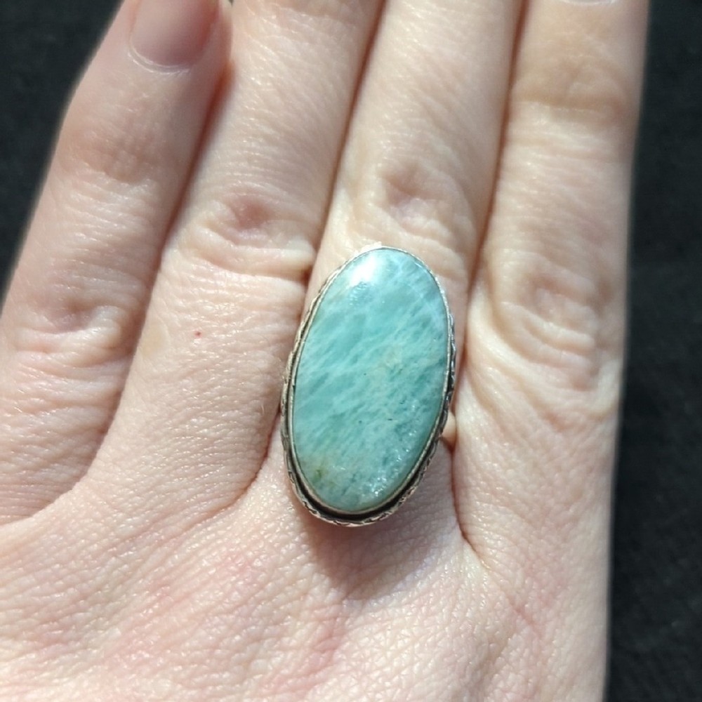 Silver Plated Pastel Blue Green Amazonite Gemstone Oval Statement Ring -Size 9.5