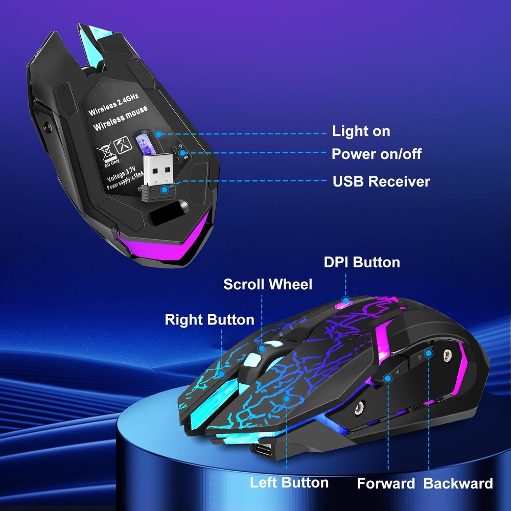 Wireless Gaming Mouse, Rechargeable Wireless Computer Mouse with TypeC Fast C...