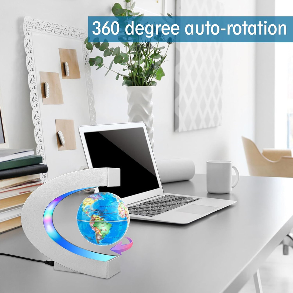 Magnetic Levitating Globe with LED Light, Floating Desk Decor, Silver