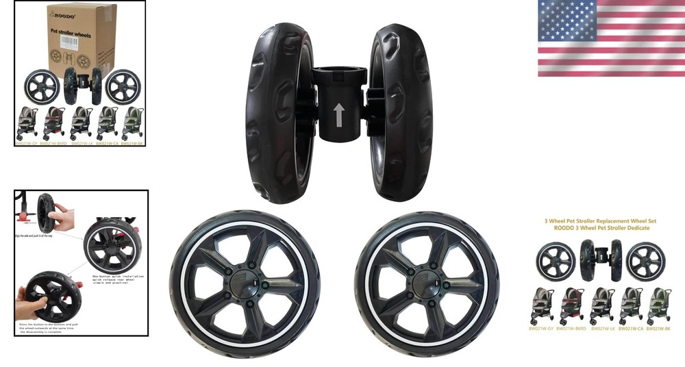 Replacement Wheel Set for 3 Wheel Pet Strollers - Easy Instal Without Tools